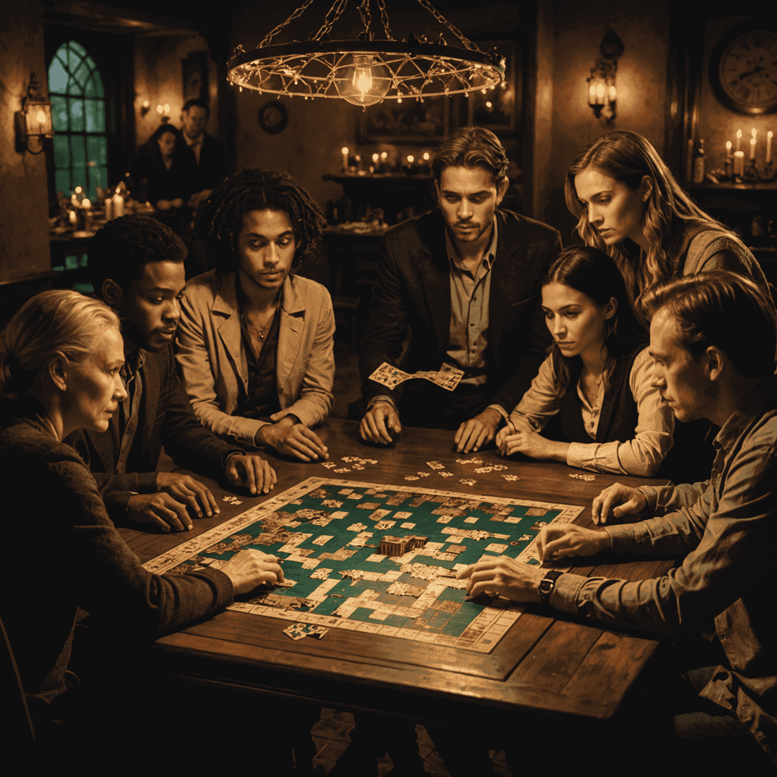 A group of diverse people gathered around a table, engrossed in solving an intricate puzzle board. The scene is dimly lit with a mysterious ambiance, showcasing the 'Evening of Riddles' experience.
