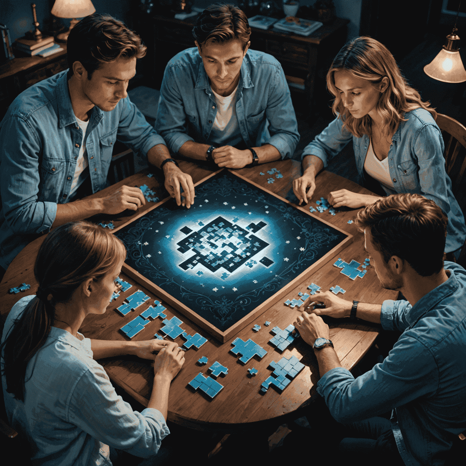 A group of friends gathered around a table, engrossed in solving an intricate board puzzle. The scene is dimly lit with a soft blue glow, creating an atmosphere of mystery and concentration.