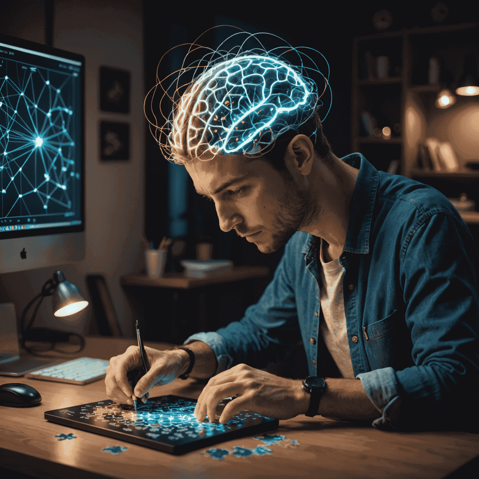 A person solving a complex puzzle with brain activity visualized, showcasing neural connections lighting up as they work through the challenge