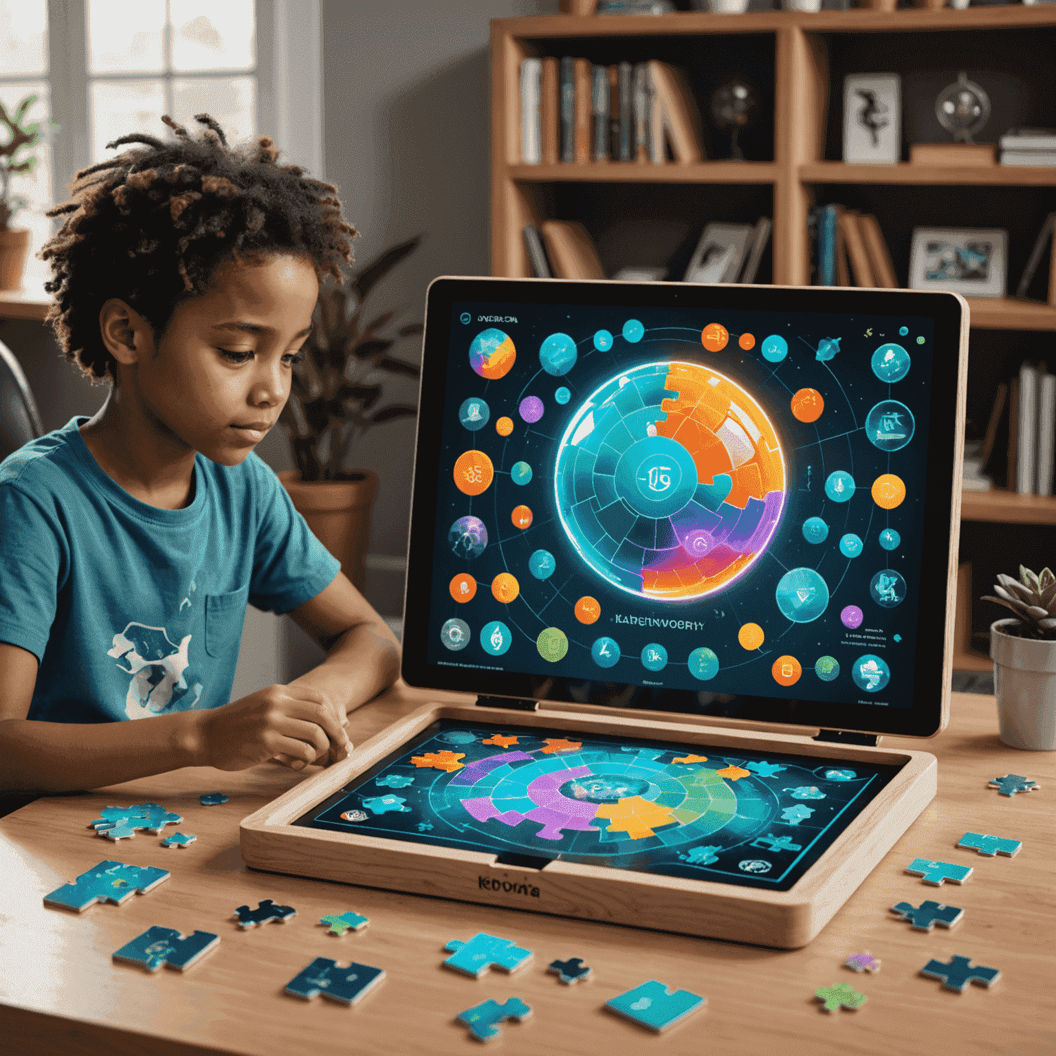 A futuristic display showcasing various new puzzle formats from Kelvoria, including holographic puzzles, augmented reality challenges, and tactile brain teasers