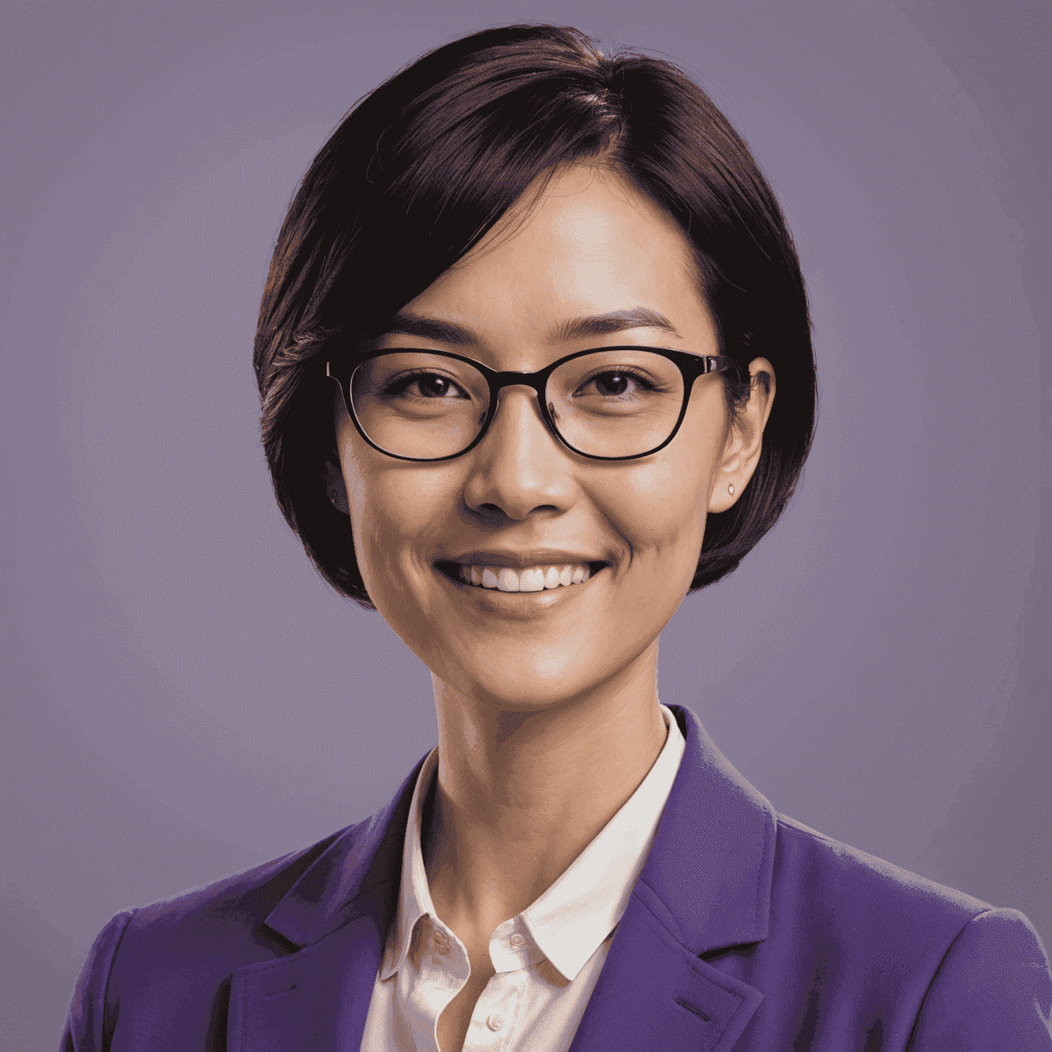 Portrait of Sarah Chen, a woman in her mid-30s with short black hair and glasses, smiling confidently. She's wearing a purple blazer, symbolizing creativity and innovation.