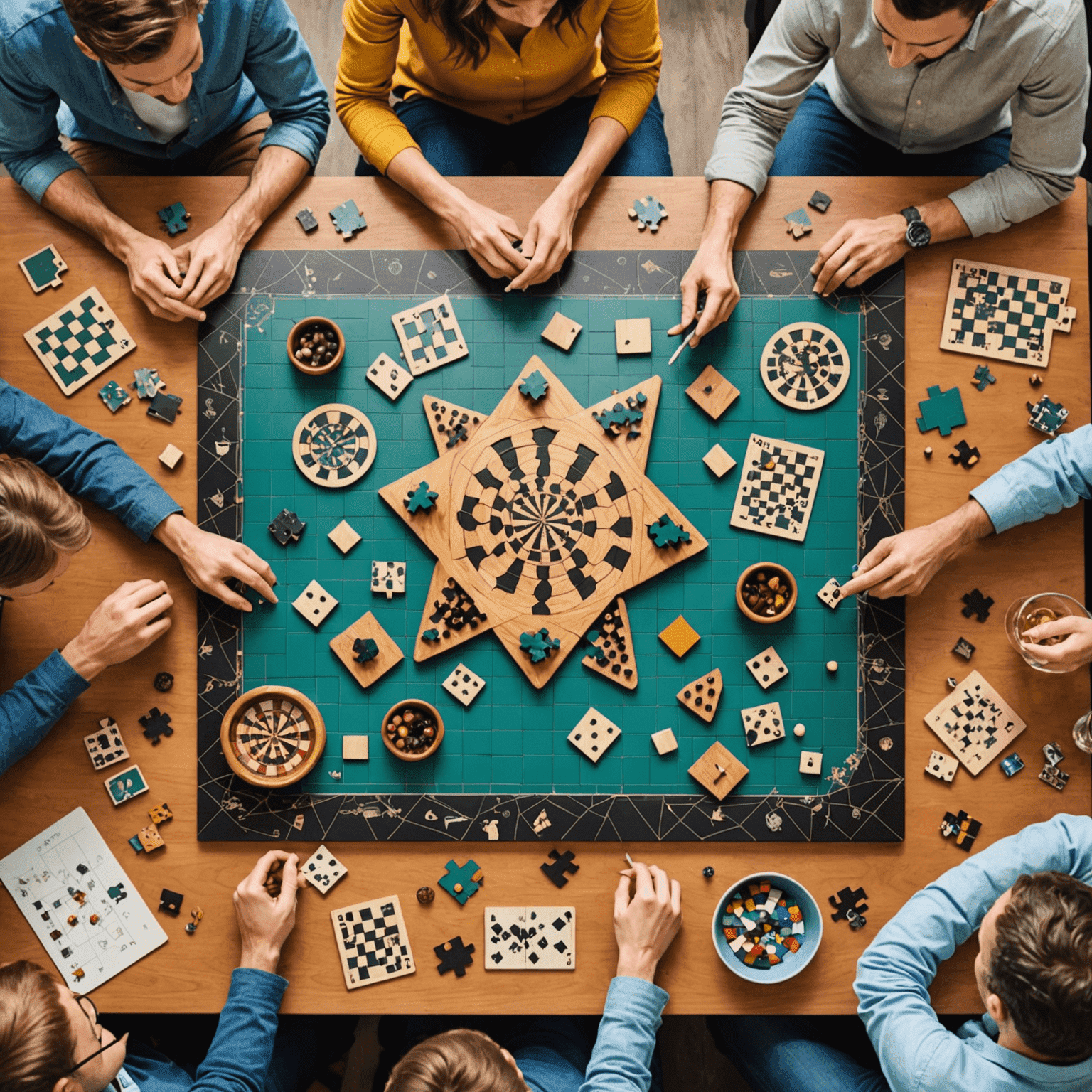 A collage of 10 innovative board puzzles with intricate designs, showing people engaged in solving them during a game night setting.