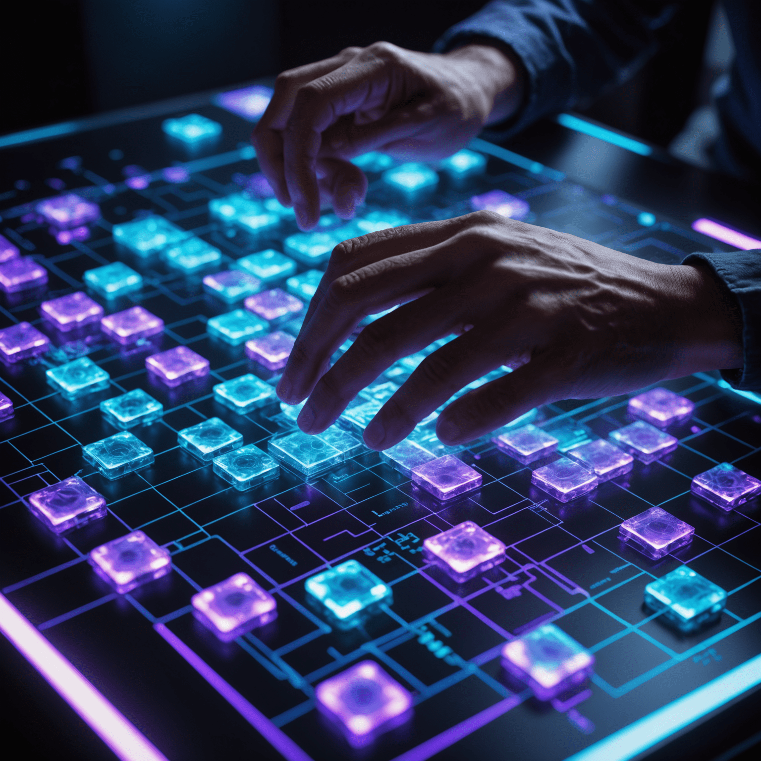 A close-up of hands manipulating holographic puzzle pieces on a futuristic game board. The pieces glow with ethereal blue and purple light, casting intricate shadows on the table.