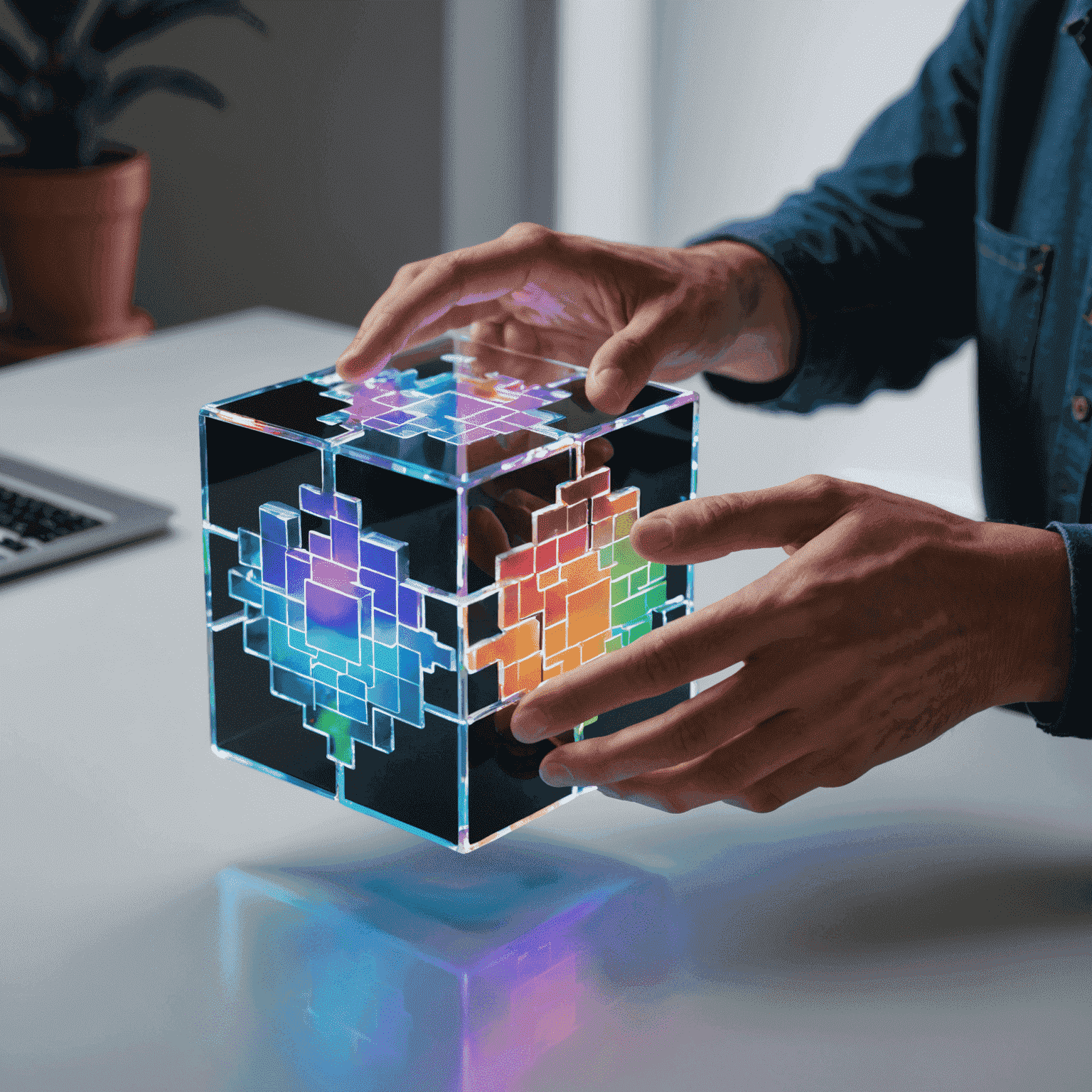 A person interacting with a floating, holographic puzzle cube that changes colors and patterns as they solve it