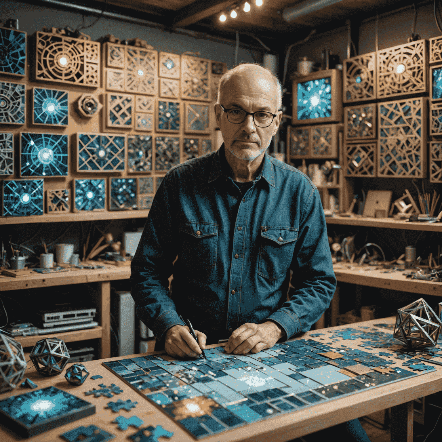 Jean-Luc Beaumont in his Montreal workshop, surrounded by intricate puzzle prototypes and holographic design interfaces