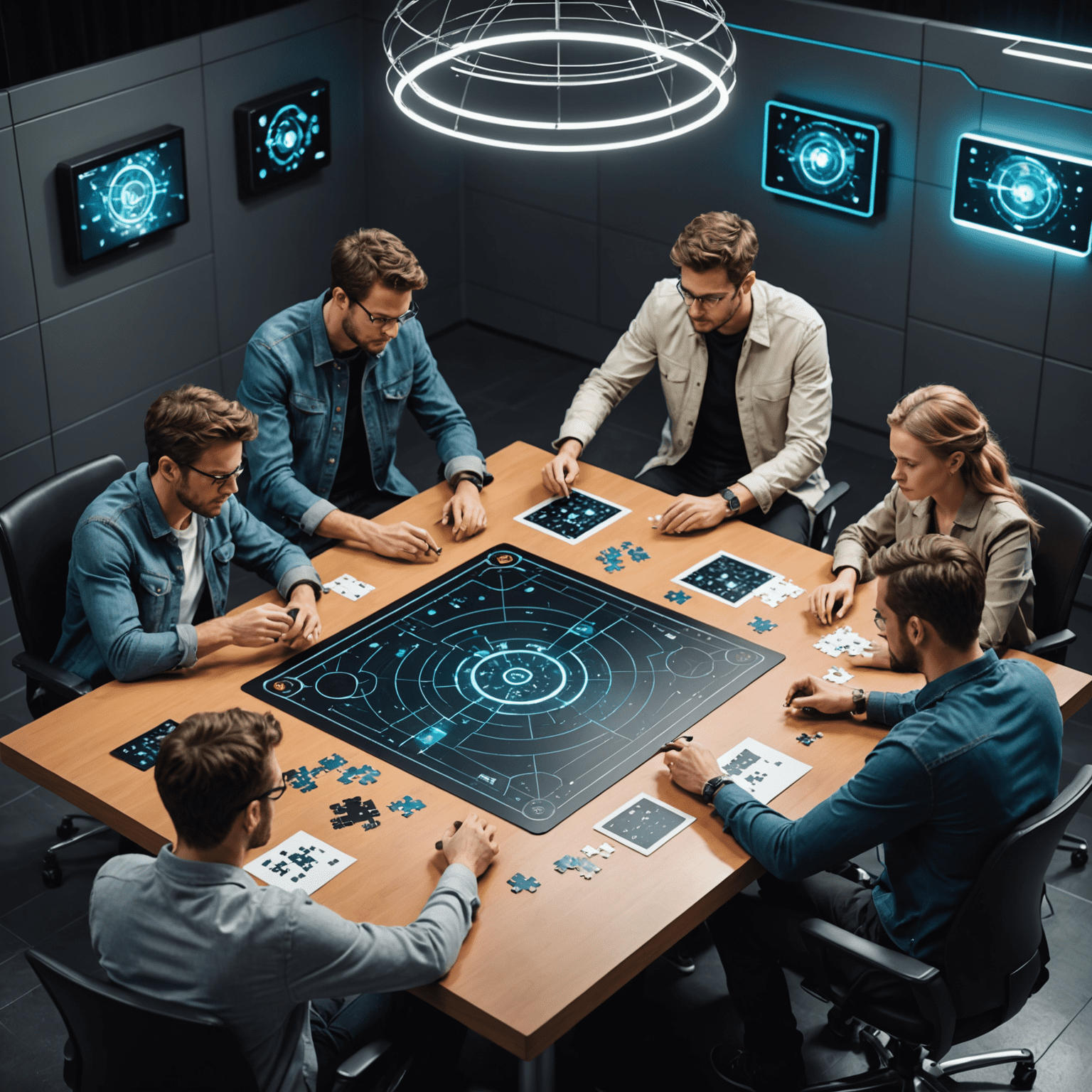 A futuristic puzzle-solving competition with participants using high-tech devices to solve complex riddles