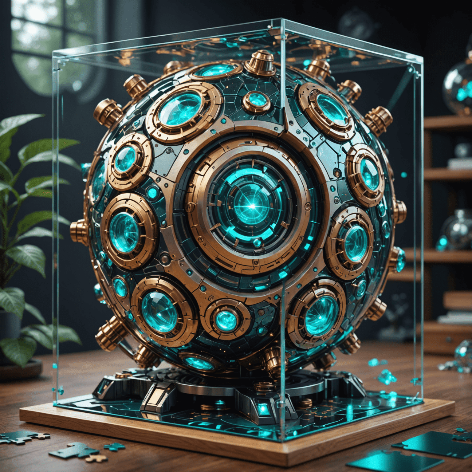 A showcase of Kelvoria's latest puzzle innovations, featuring futuristic designs, holographic elements, and interactive components that blend traditional puzzles with high-tech solutions.