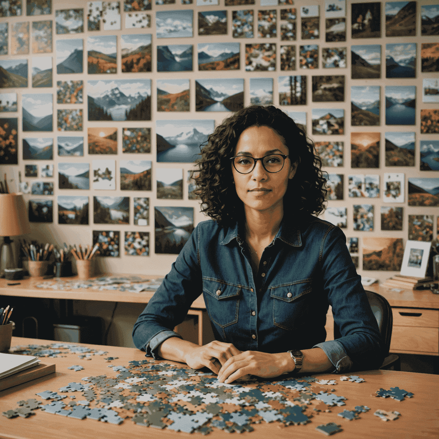 A montage of portraits featuring diverse Canadian puzzle creators in their workspaces, surrounded by puzzle prototypes, design tools, and Canadian landscapes.